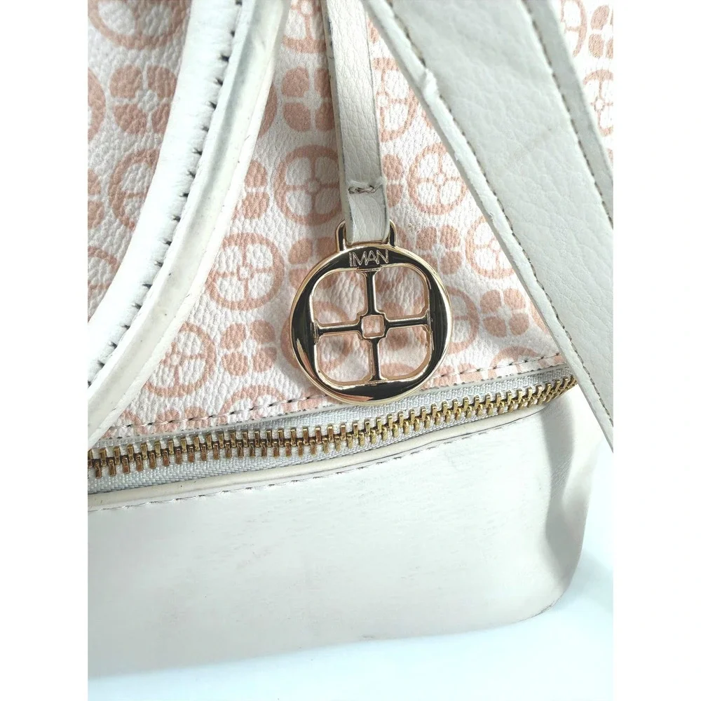 IMAN Women Cream Blush Geometric Logo Satchel Handbag and Cosmetic Case 2pc Set
